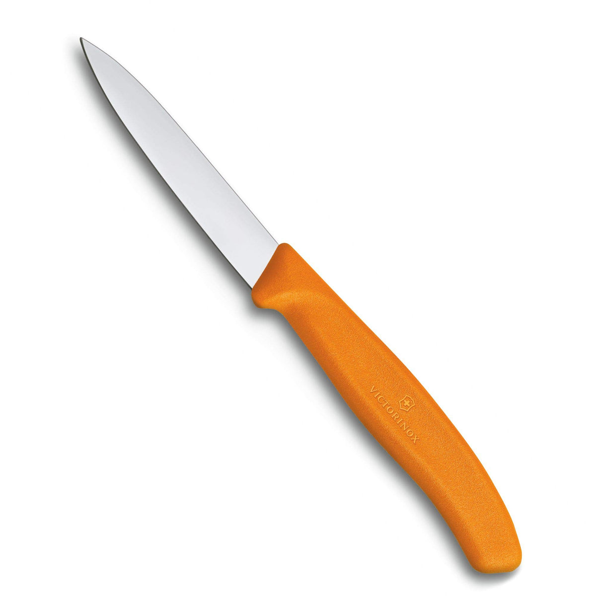 Victorinox paring knife with orange handle for precise peeling and trimming.