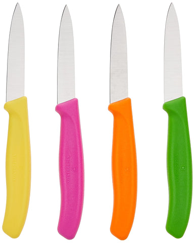 Victorinox Swiss Classic paring knife with orange handle offers precise control for peeling and garnishing.