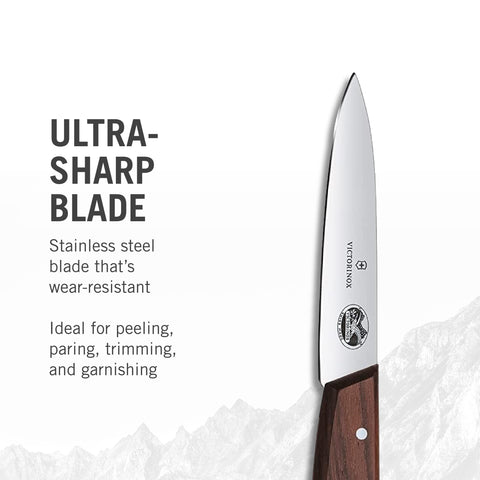 Rosewood handle close-up of Victorinox paring knife for ergonomic grip