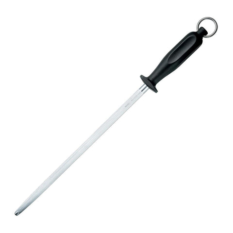 Victorinox round finecut butcher sharpening steel, black and silver, for precise honing.