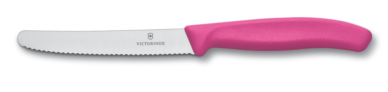 Victorinox Swiss Classic utility knife with round tip and pink handle; ergonomic grip for precise slicing