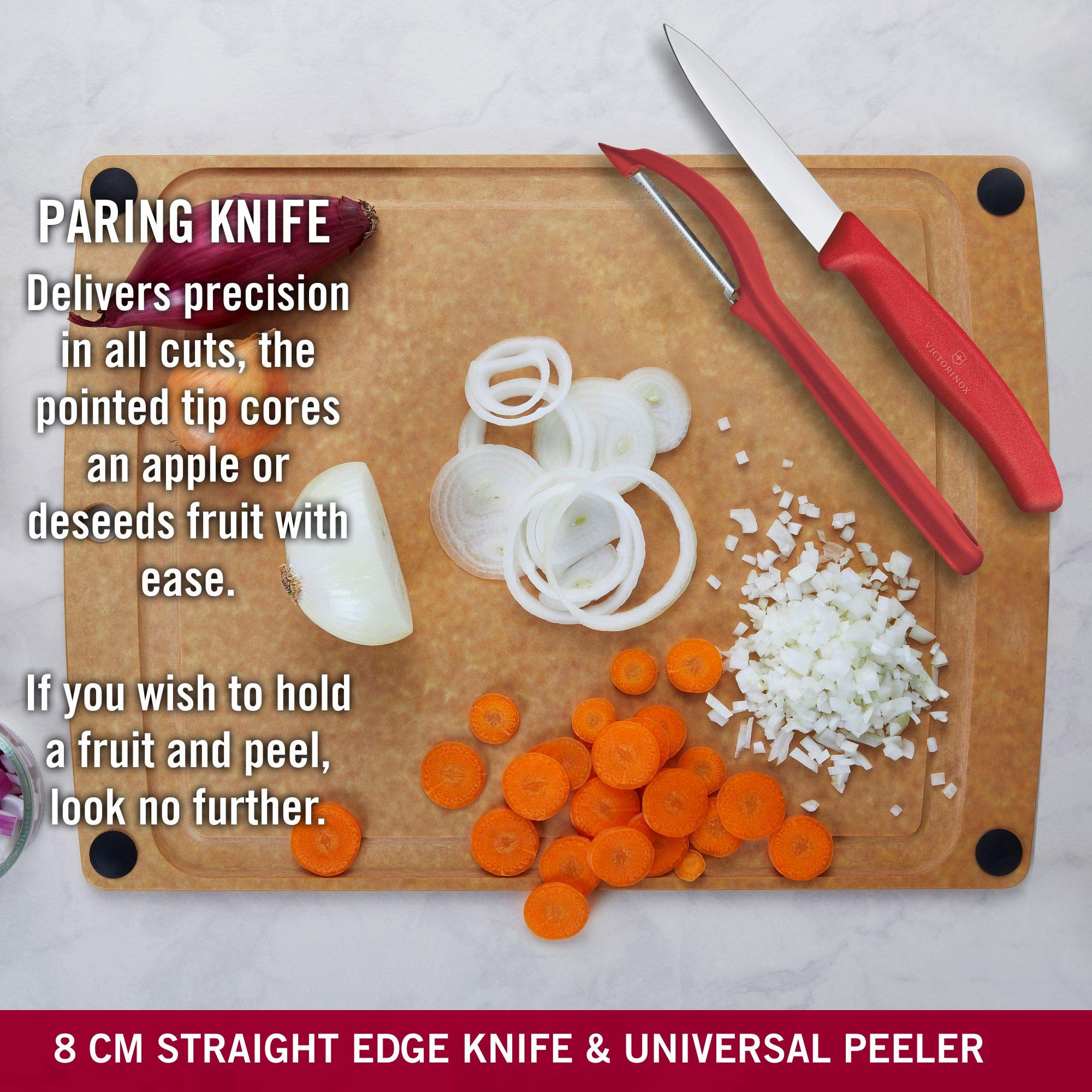 Close-up of the ergonomic red handle on a Victorinox paring knife.