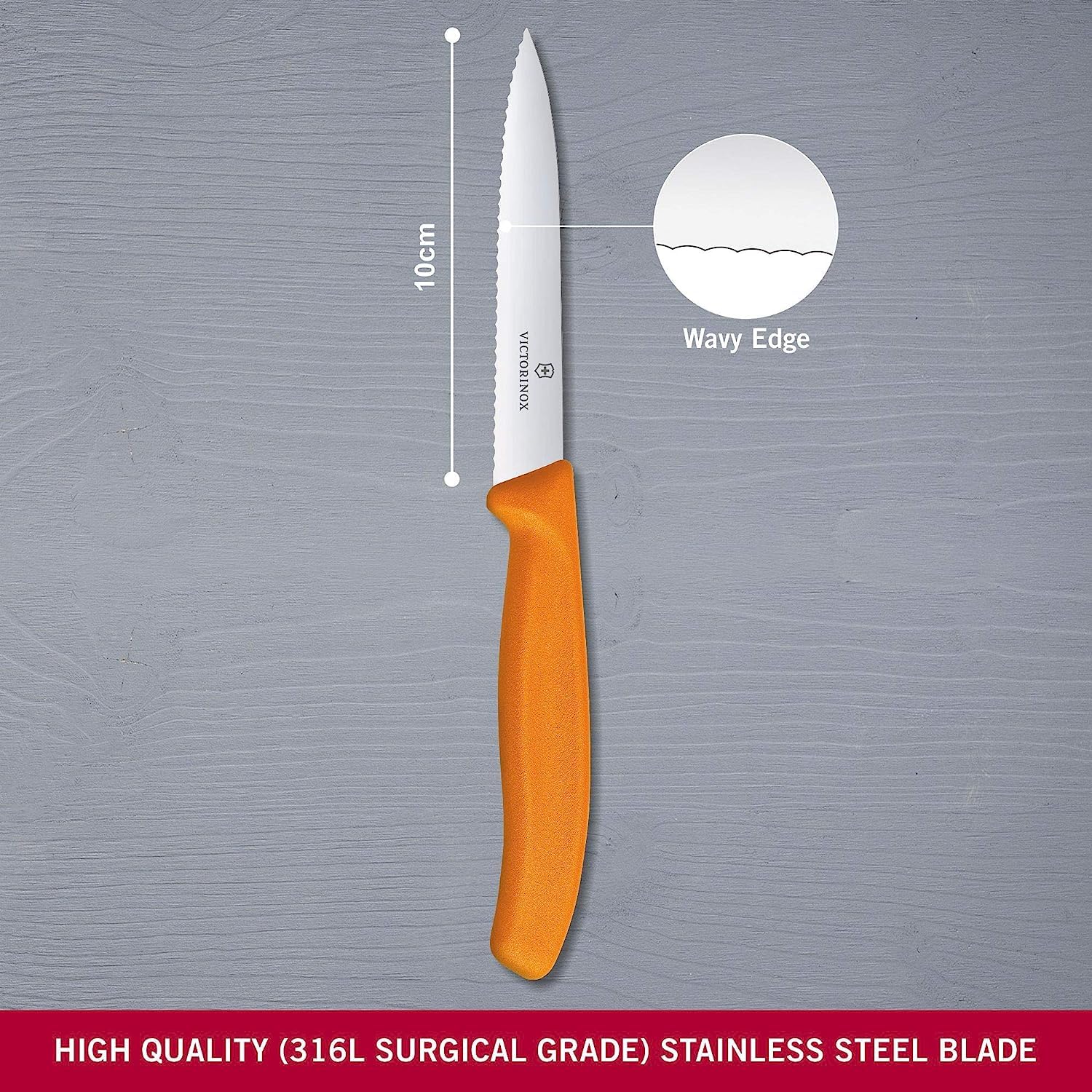 Victorinox paring knife close-up showing serrated edge for cleanly slicing fruit