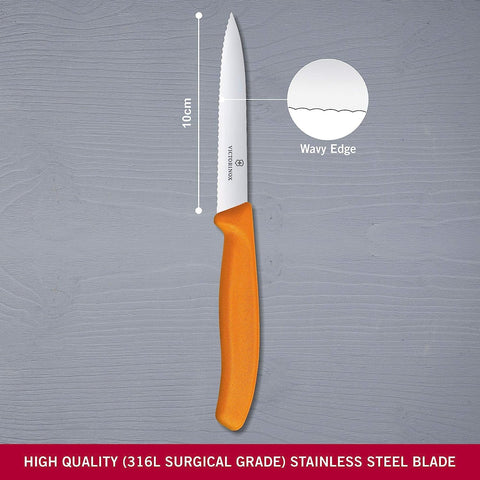 Victorinox paring knife close-up showing serrated edge for cleanly slicing fruit