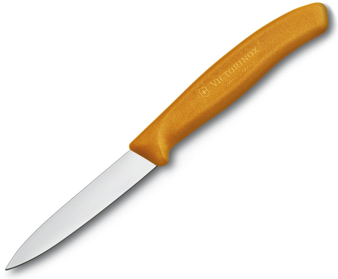 Victorinox Swiss Classic paring knife with orange handle, showing precise peeling edge