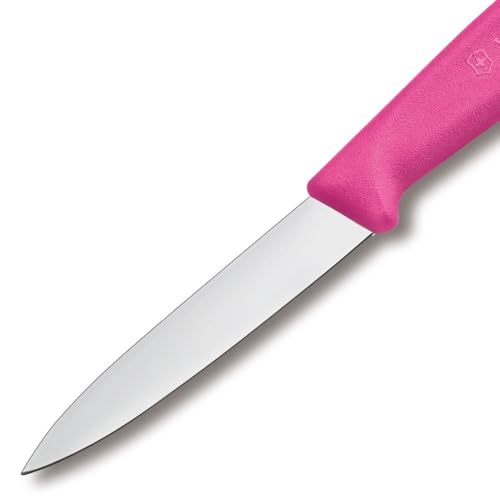 Close-up of pointed tip on Victorinox paring knife for intricate cuts.