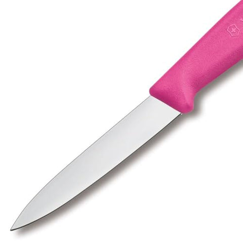 Close-up of pointed tip on Victorinox paring knife for intricate cuts.