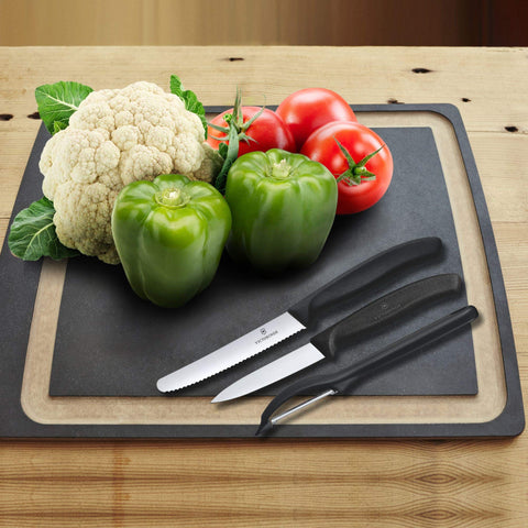Victorinox Swiss Classic set with black ergonomic handle on countertop for easy use