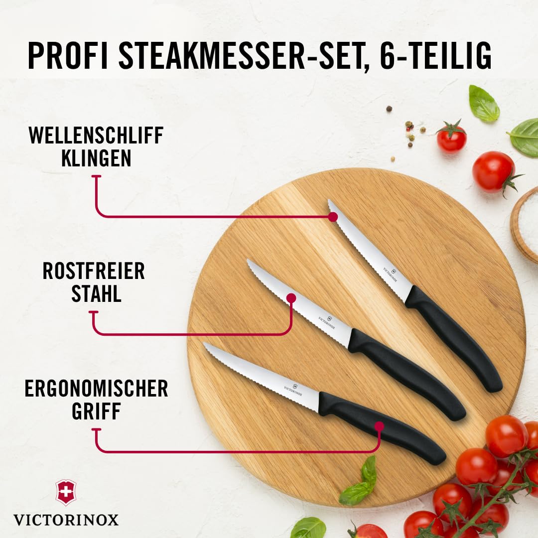 Victorinox steak knives with ergonomic, non-slip handles for comfortable cutting at the table.