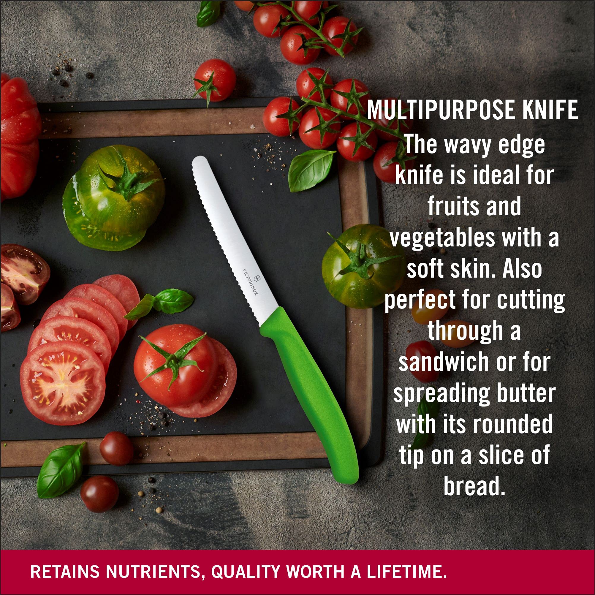 Victorinox tomato knife with green handle on cutting board, versatile kitchen tool.
