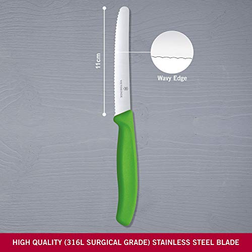Victorinox tomato knife with green handle, side view for easy peeling of herbs.
