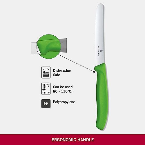 Victorinox Swiss Classic wavy-edge blade close-up for clean rimming of tomatoes.
