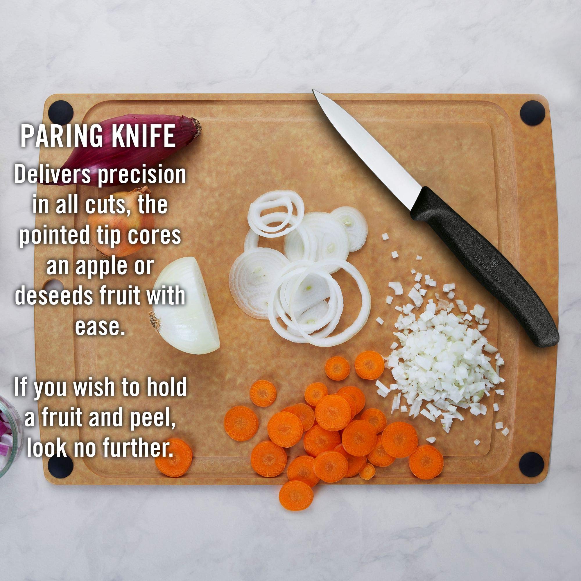 Victorinox paring knife in action for fruit peeling and trimming.
