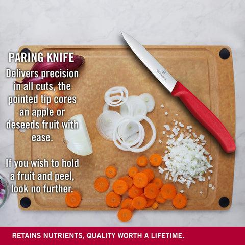 Ergonomic red-handle Victorinox knife providing comfortable grip during prep.