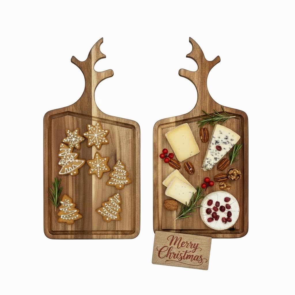 VICTORY RELAX acacia cutting board set with deer antler handles, ideal for festive diners.