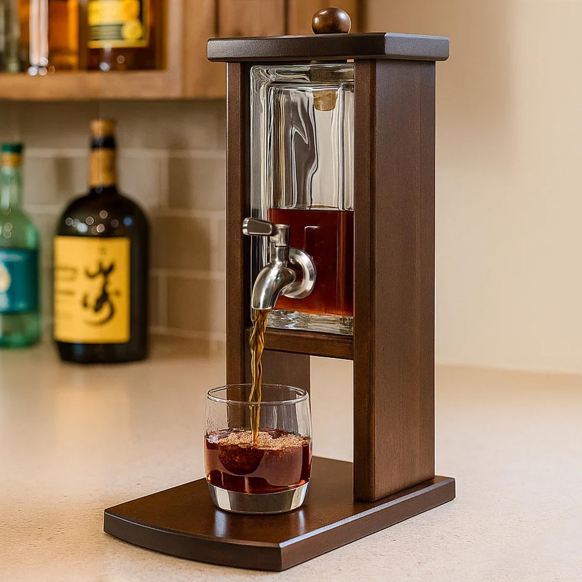 Vida Brillante whiskey decanter with tap glass showcases a refined pour for gatherings.