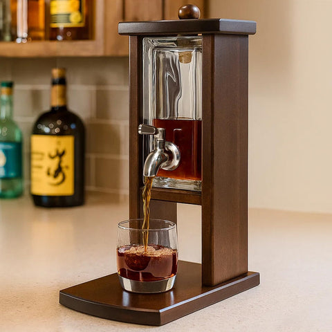 Vida Brillante whiskey decanter with tap glass showcases a refined pour for gatherings.