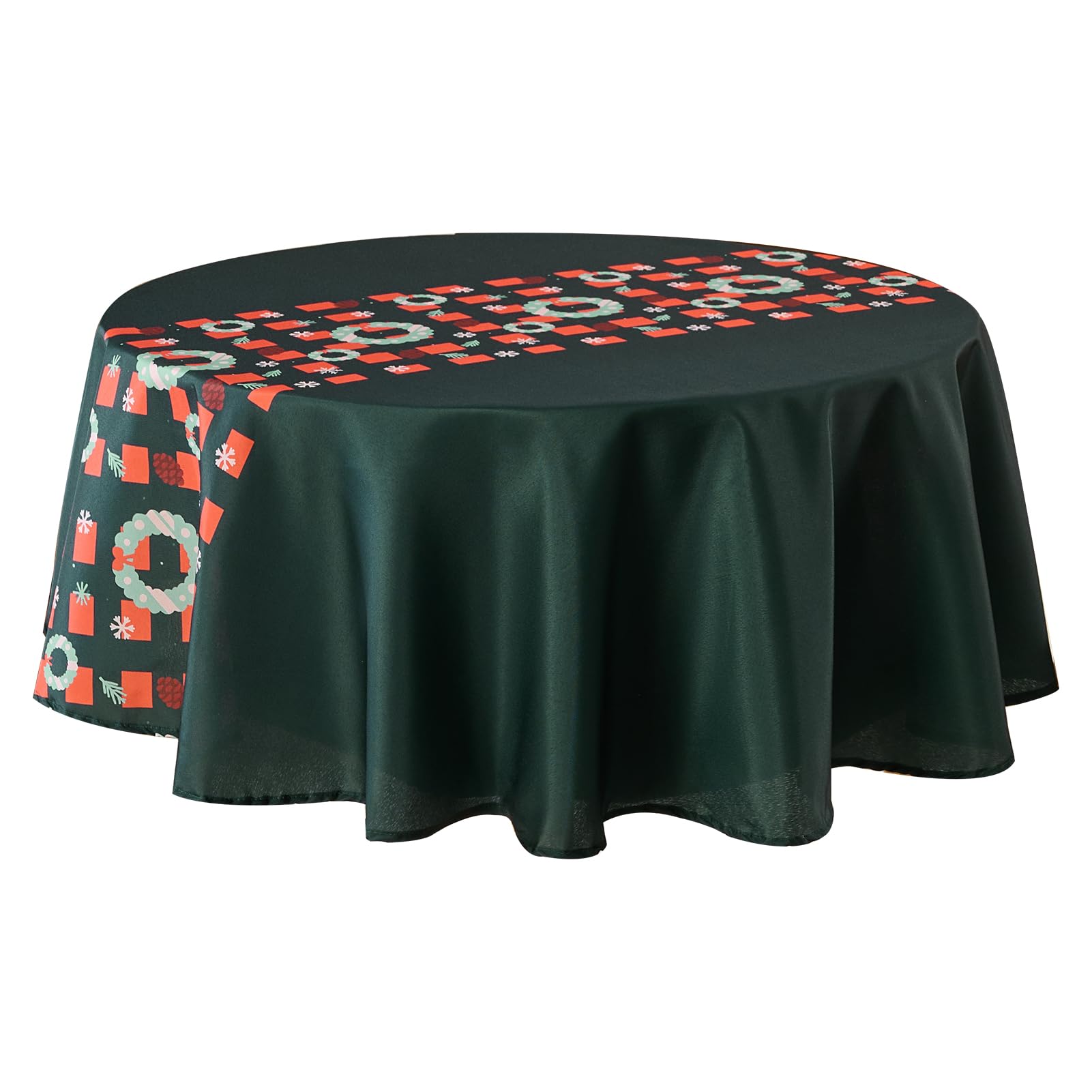 VidaFete Christmas round tablecloth with bells and snowflakes in green, ideal for spill protection