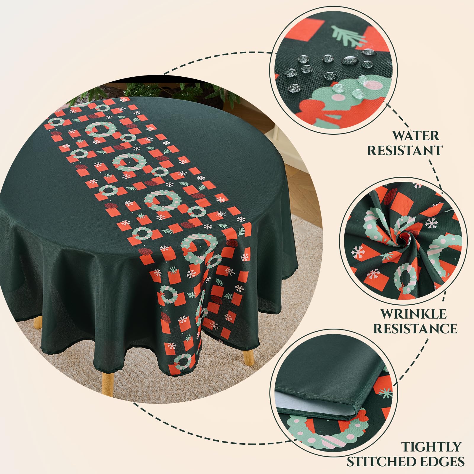 VidaFete green holiday tablecloth with snowflakes and pinecones creates cozy ambience