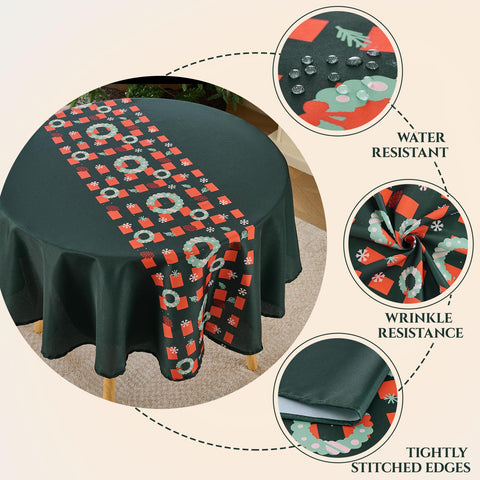 VidaFete green holiday tablecloth with snowflakes and pinecones creates cozy ambience