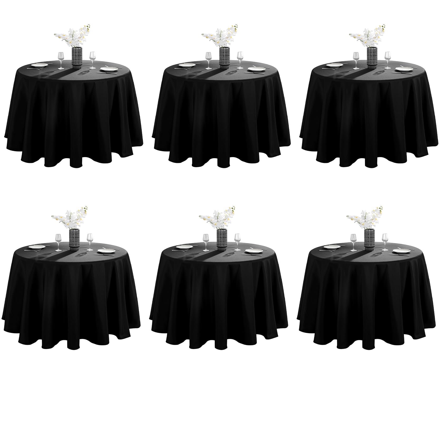 VidaFete 6-pack 120-inch round tablecloth flatlay showing durable, stain-resistant fabric.