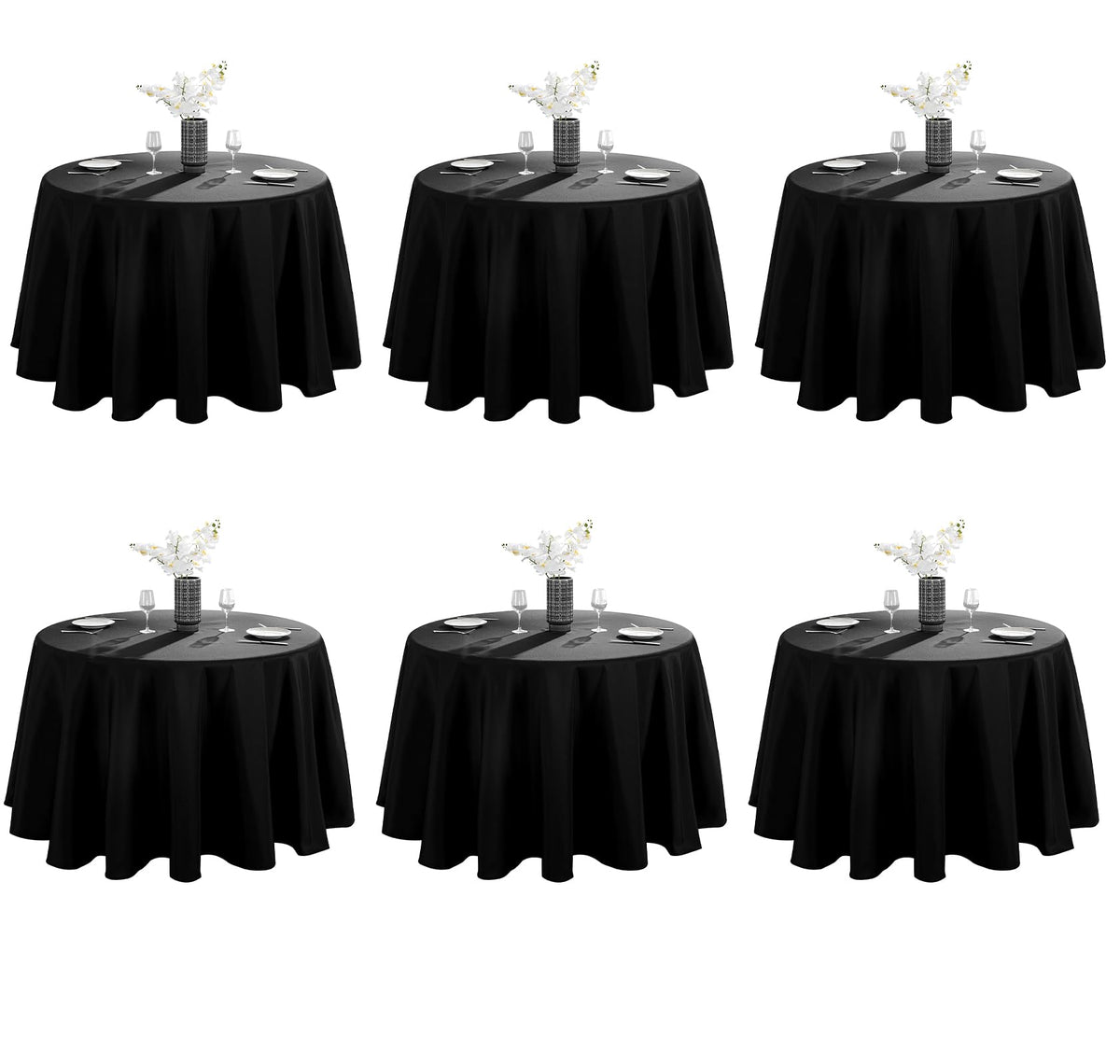 VidaFete 6-pack 120-inch round tablecloth flatlay showing durable, stain-resistant fabric.