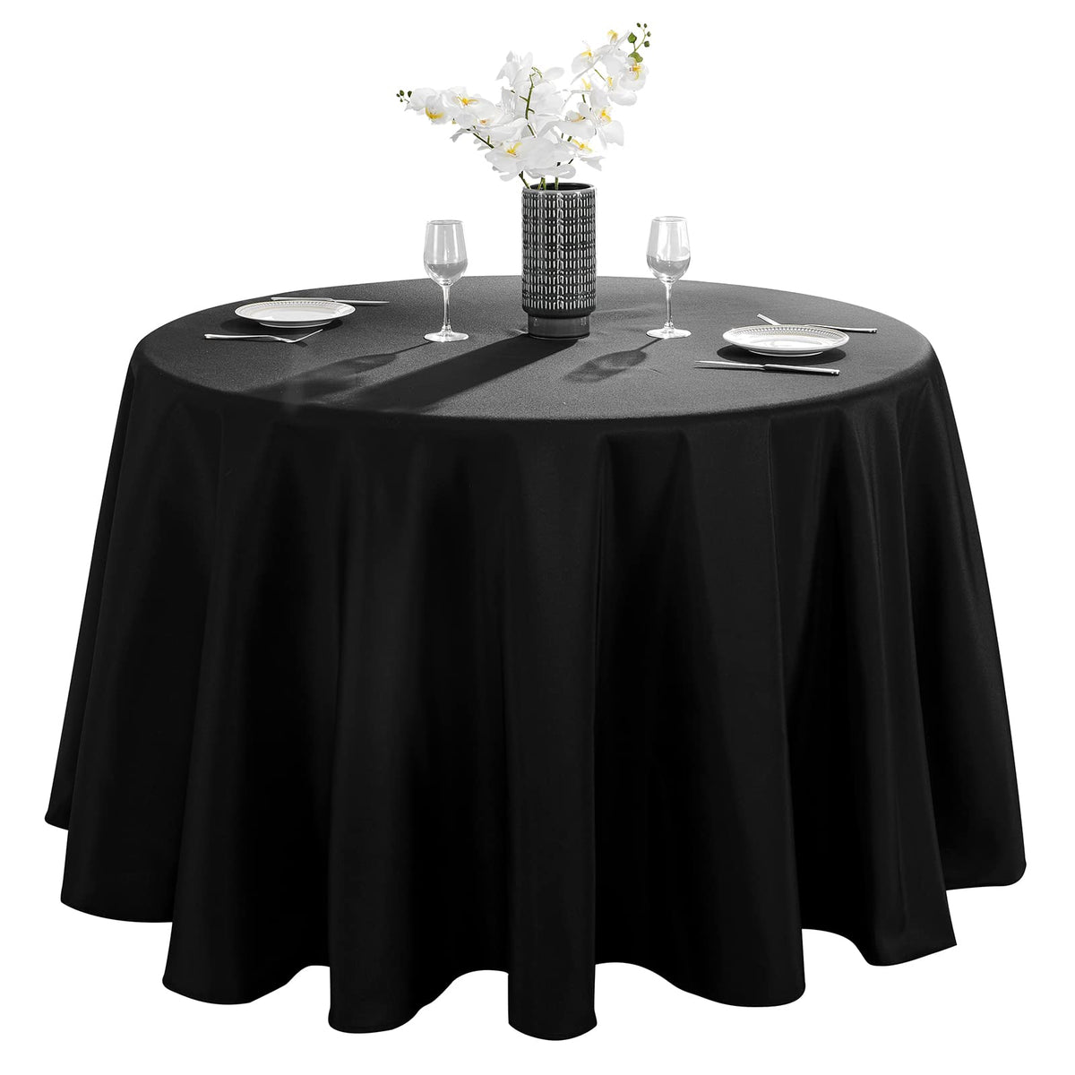 VidaFete 90-inch round black tablecloth on an elegant dining table for easy cleanup.