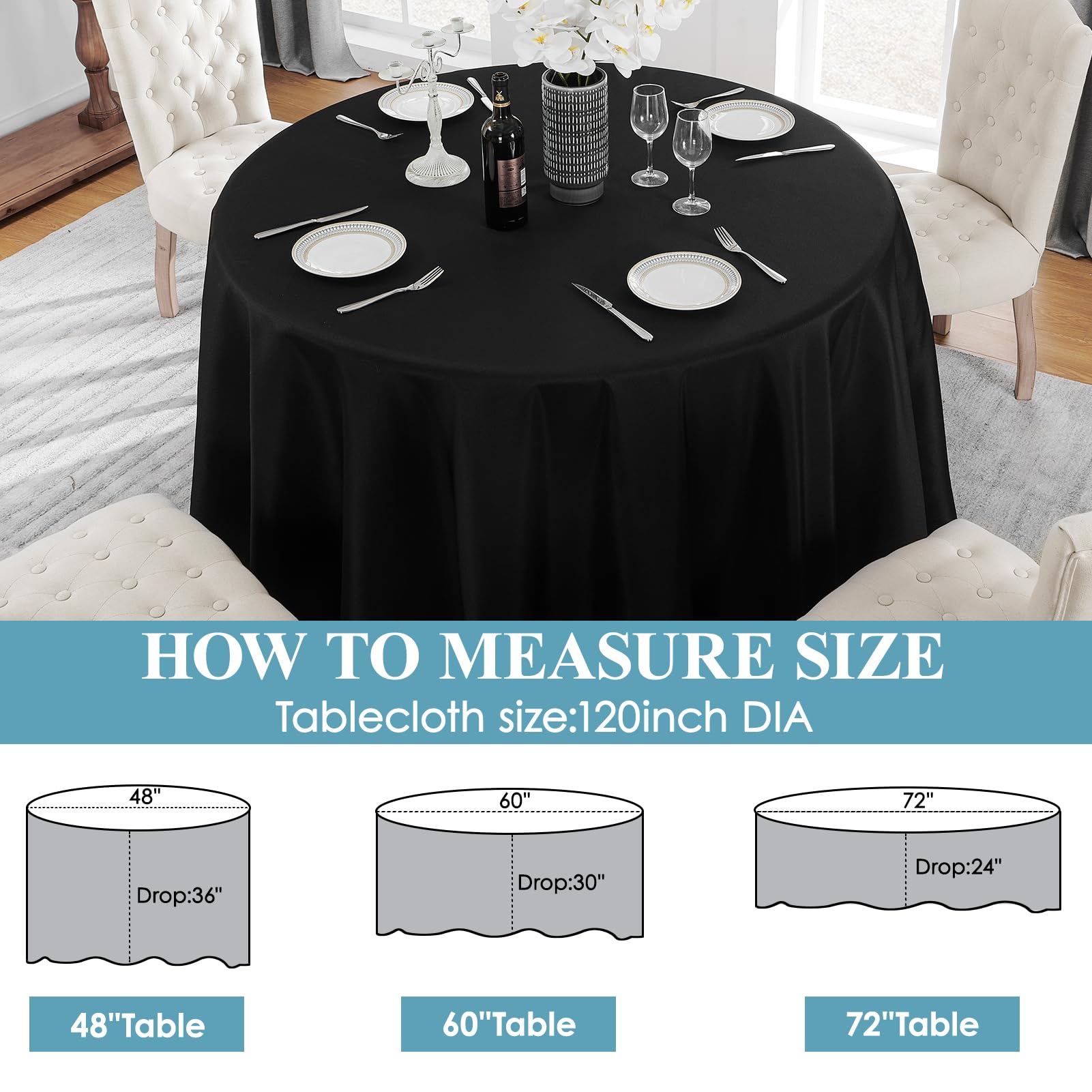 VidaFete black round tablecloth 120inch on table with non-slip surface.