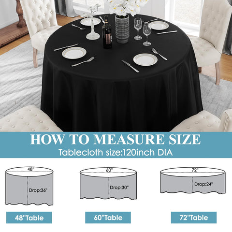 VidaFete black round tablecloth 120inch on table with non-slip surface.
