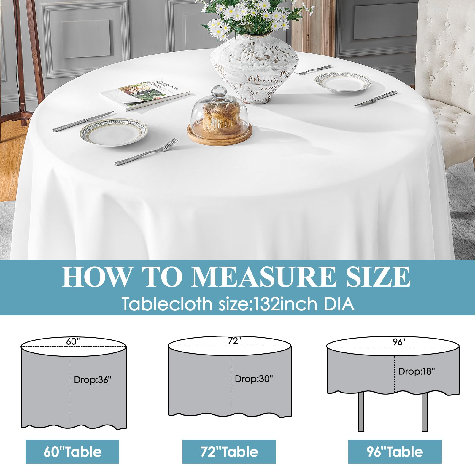 VidaFete 132-inch round tablecloth fitting 48-72 inch tables for coverage