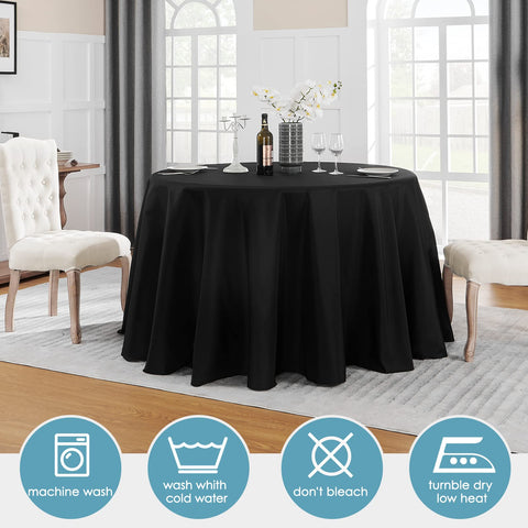 VidaFete tablecloth on care demonstration highlighting machine wash cold suitability.