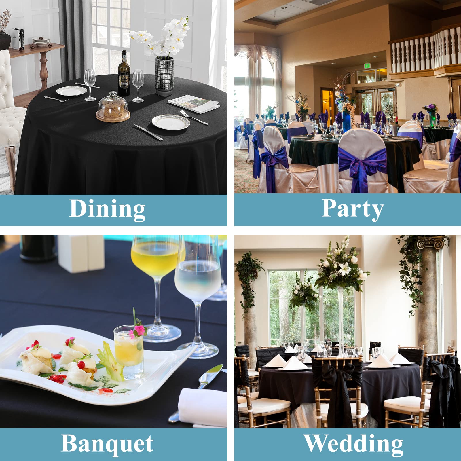 VidaFete wedding or party tablecloth in black enhances decor while protecting surfaces.