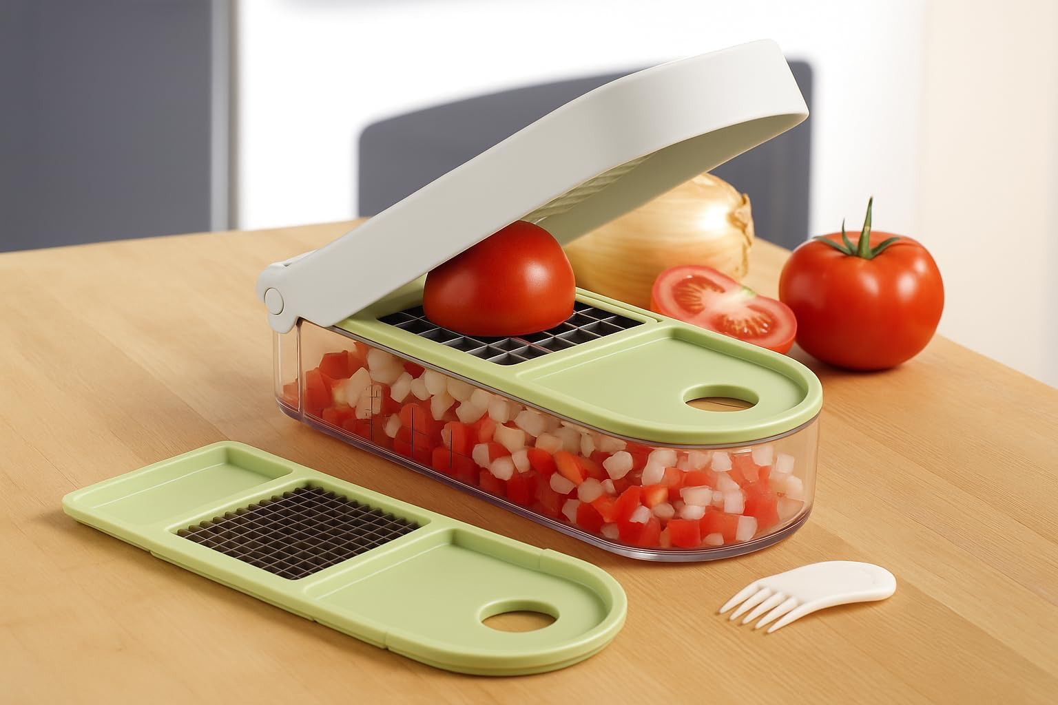 Vidalia Chop Wizard dicing blade creates uniform cubes quickly.