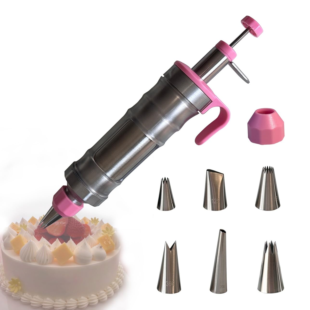 Vieasst dessert decorating syringe set in silver and pink for precise piping on cakes and cookies