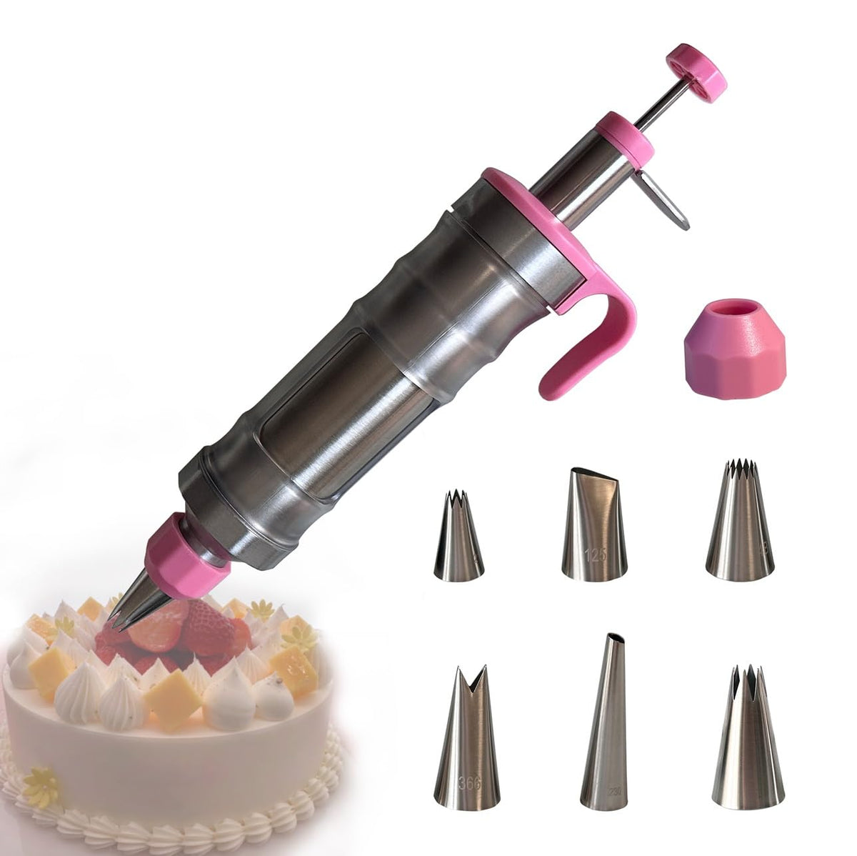 Vieasst dessert decorating syringe set in silver and pink for precise piping on cakes and cookies