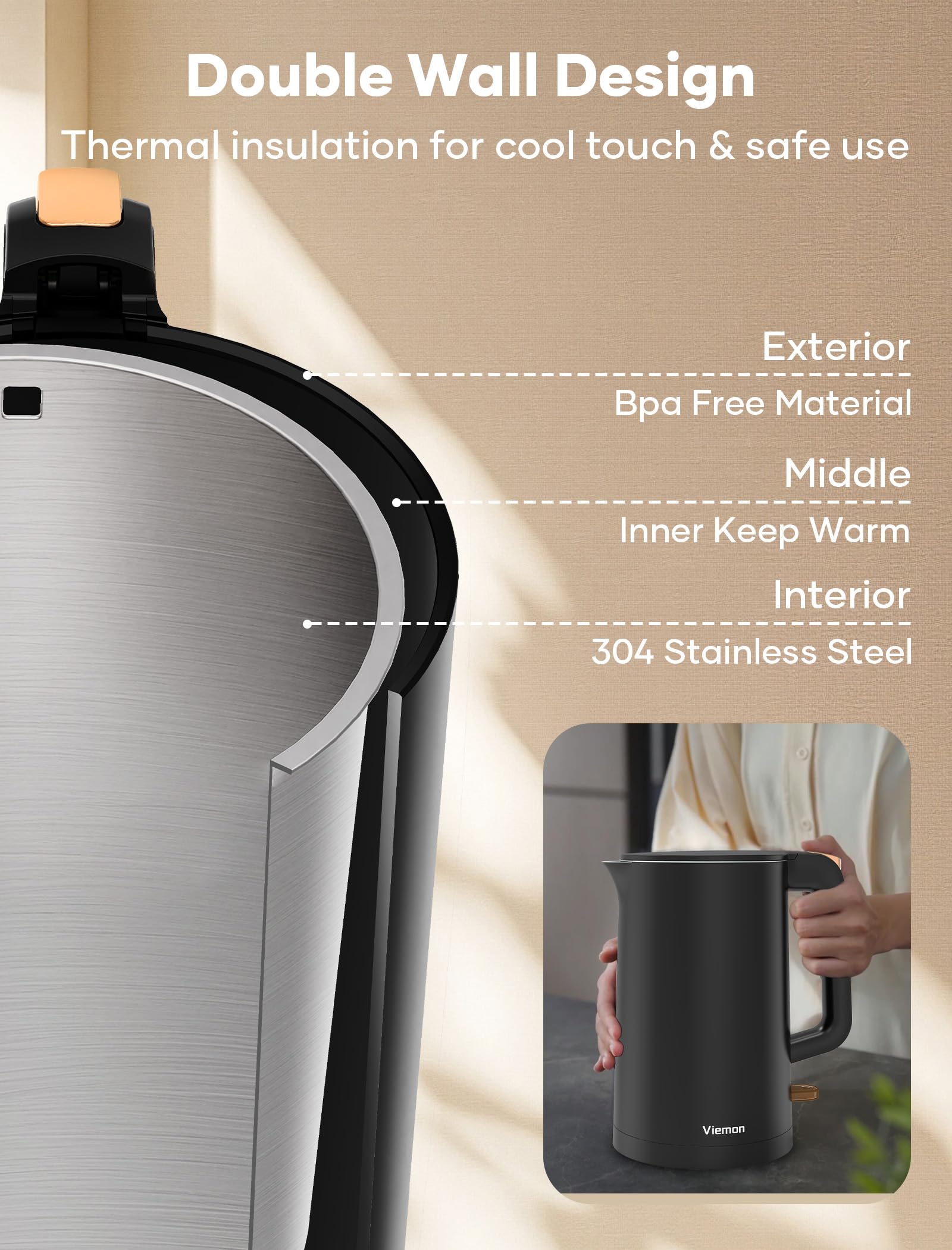 Viemon kettle wide opening for easy filling and thorough cleaning
