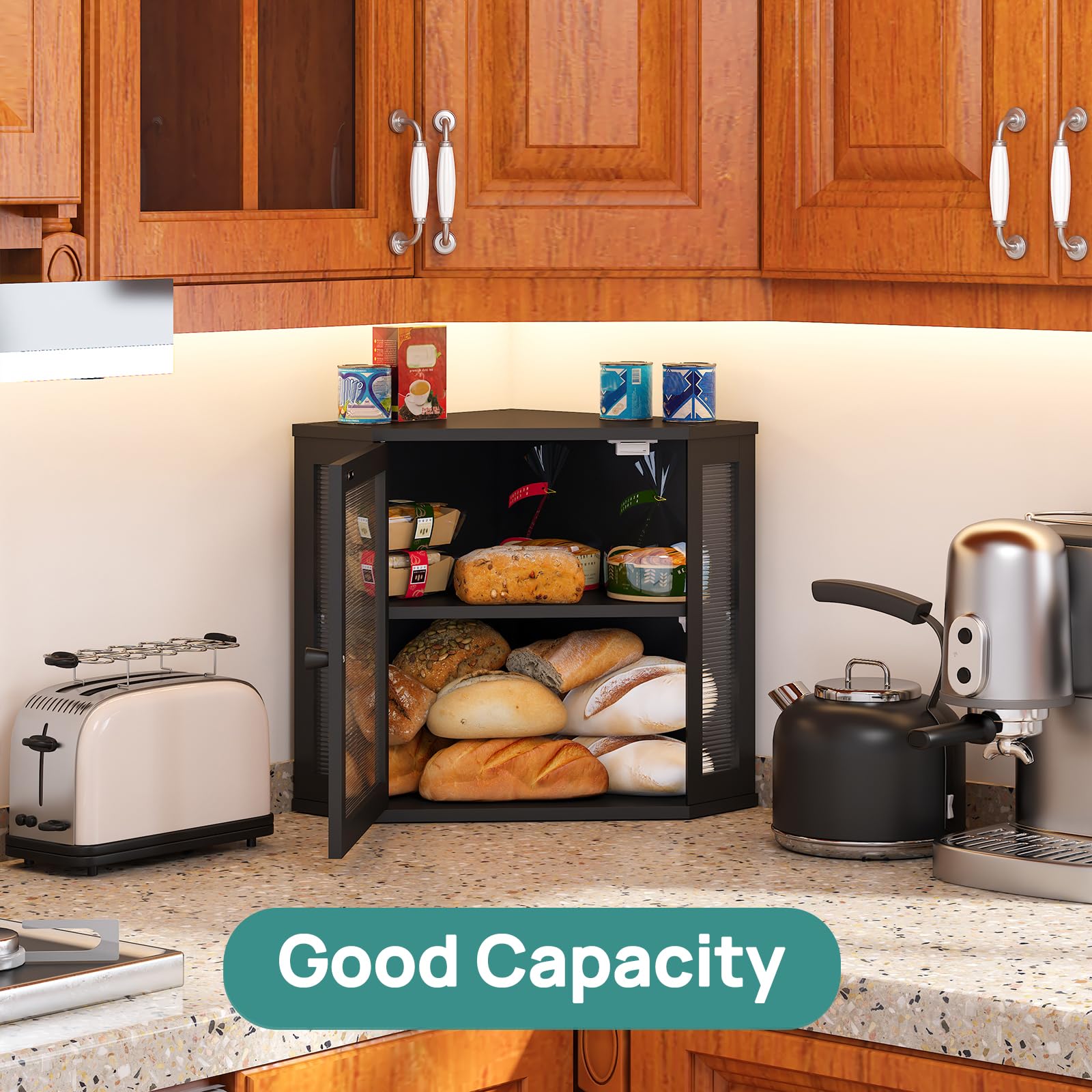 Viewcare corner bread box on counter demonstrates space-saving design.