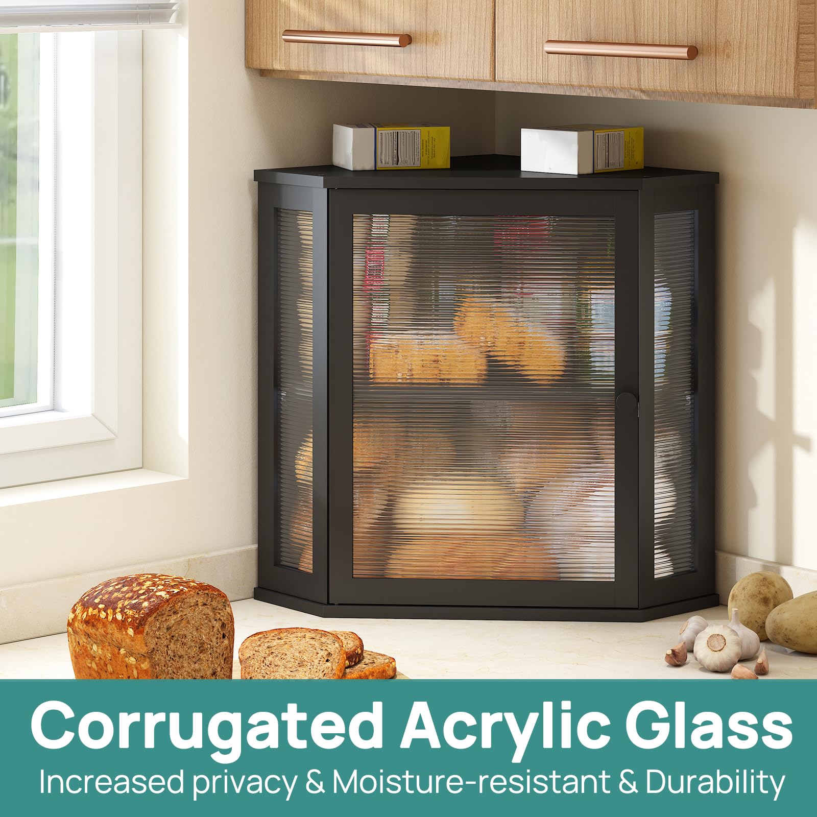 Viewcare corner bread box black finish adds a sleek space saving look