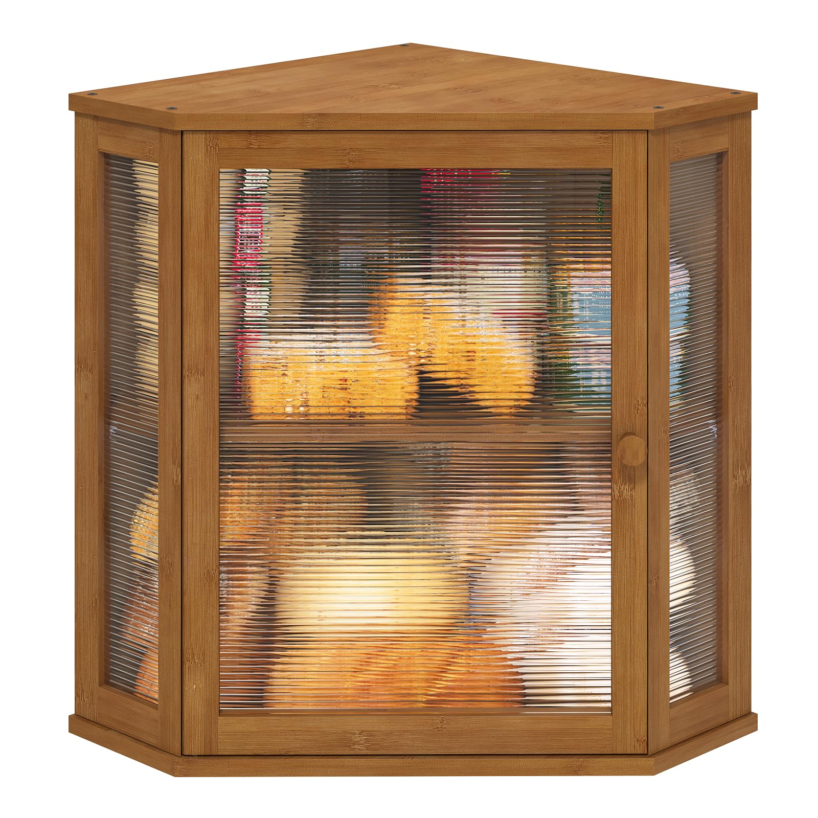 Viewcare corner bread box front view highlights bamboo build and large capacity.