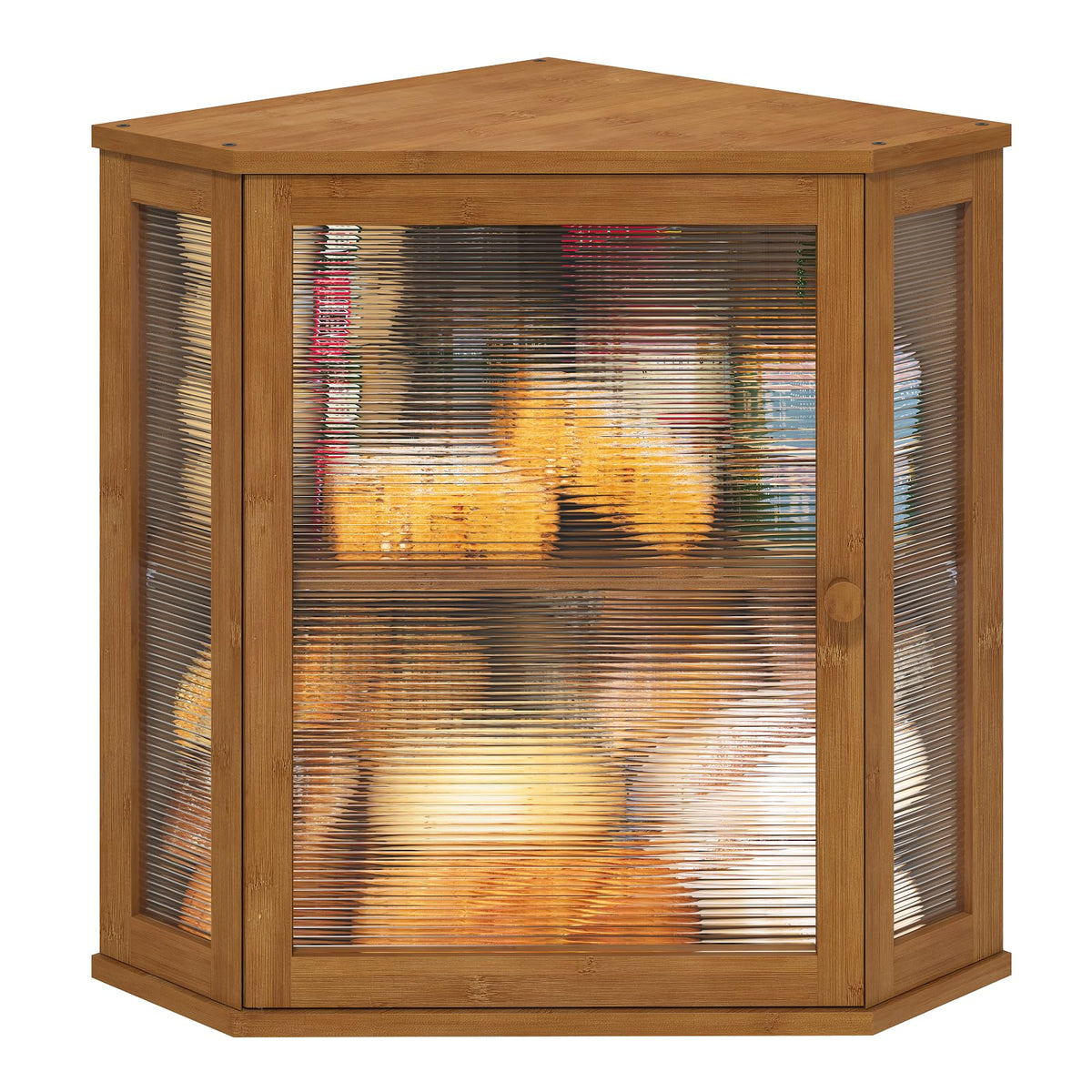 Viewcare corner bread box front view highlights bamboo build and large capacity.