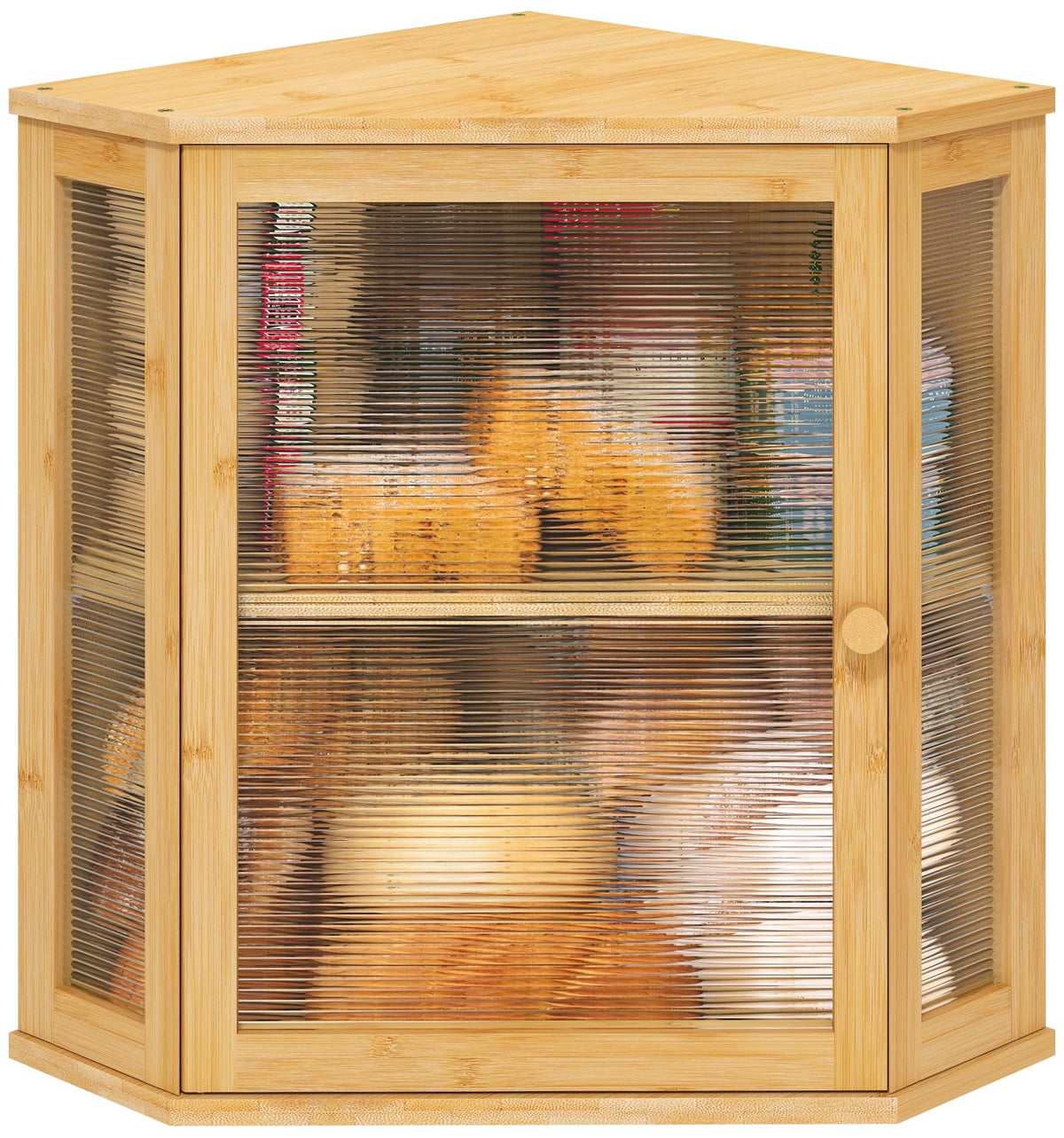 Viewcare corner bread box in natural bamboo; spacious counter storage.