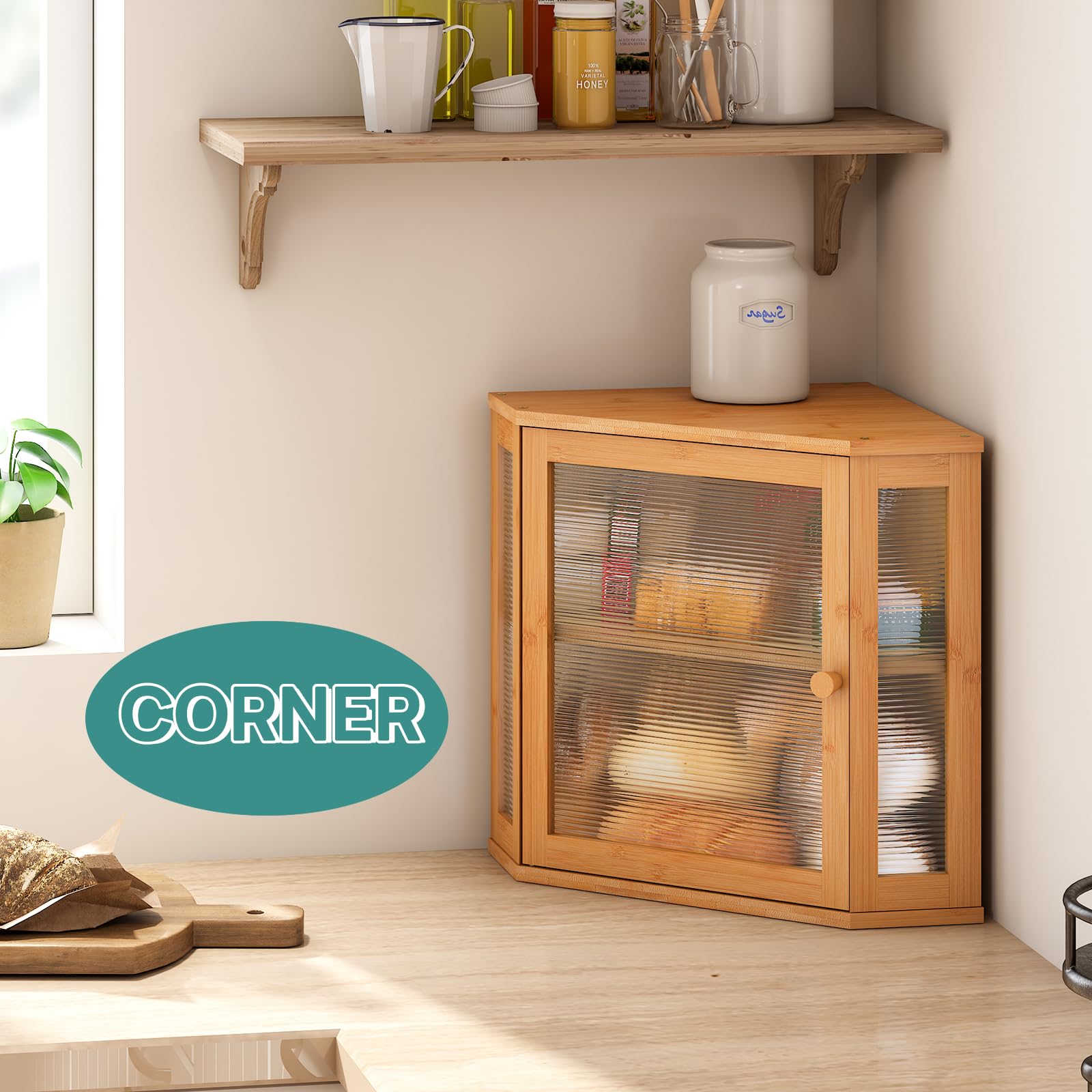 ViewCare corner bread box side view emphasizes bamboo build and durable construction.