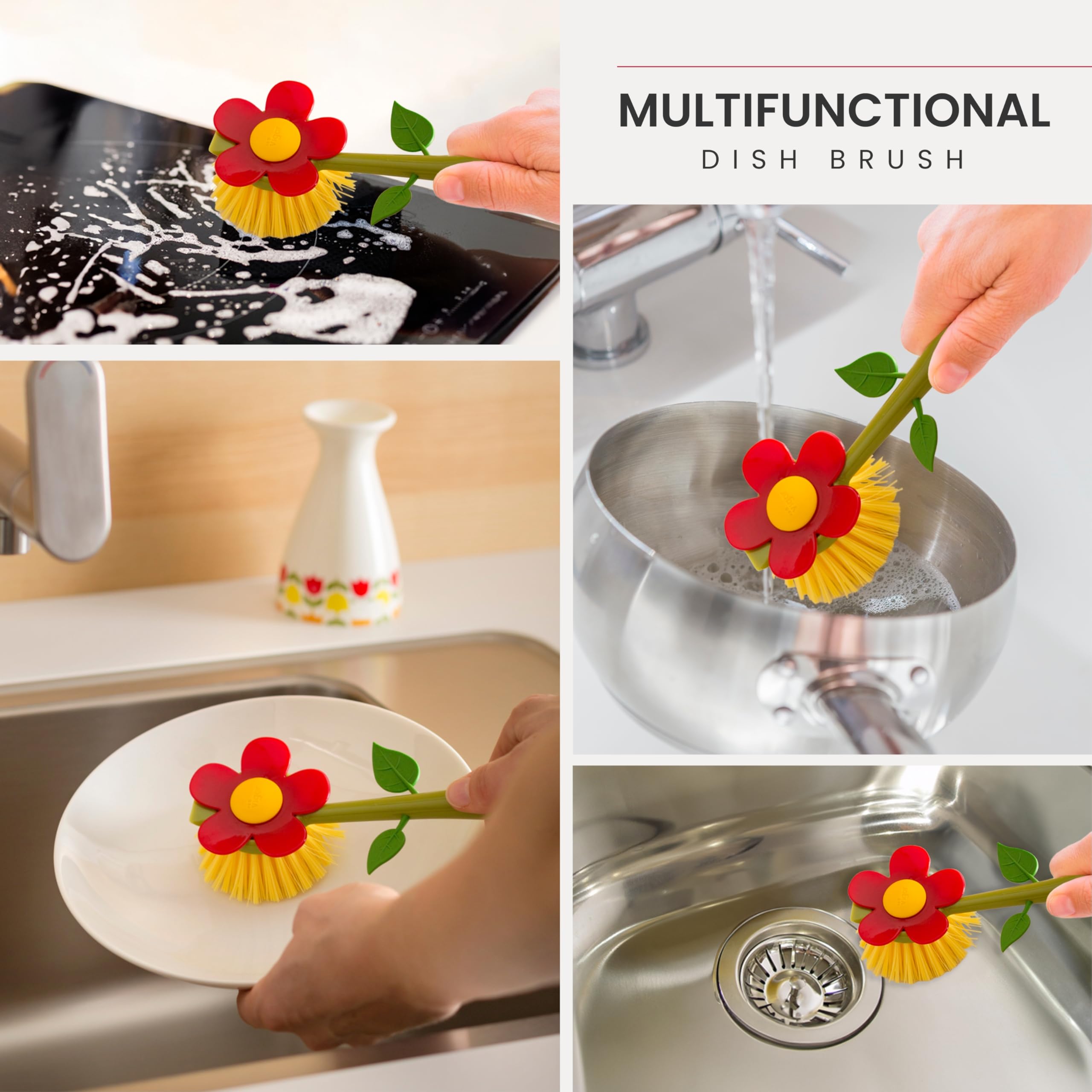 Vigar Flower Power dish brush is dishwasher-safe for easy cleaning and quick maintenance