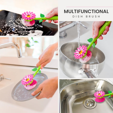 Vigar Flower Power dish brush with green color in view.