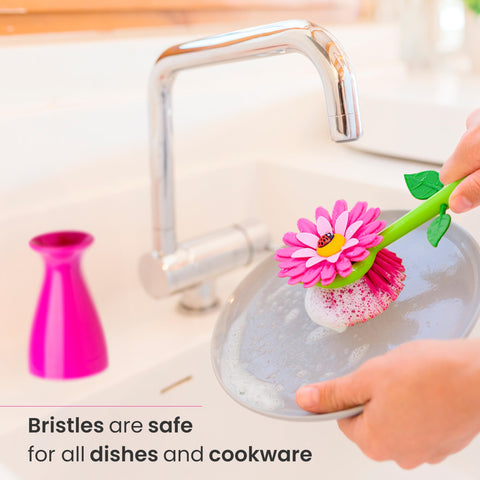Vigar Flower Power dish brush with pink color for easy cleaning.