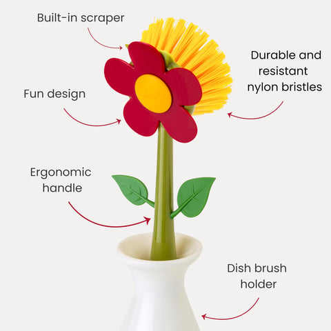 Vigar Flower Power dish brush features a slim scrubber reaching tight corners