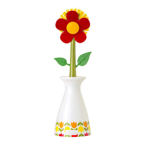 Vigar Flower Power dish brush with vase holder in white and red for organized countertops