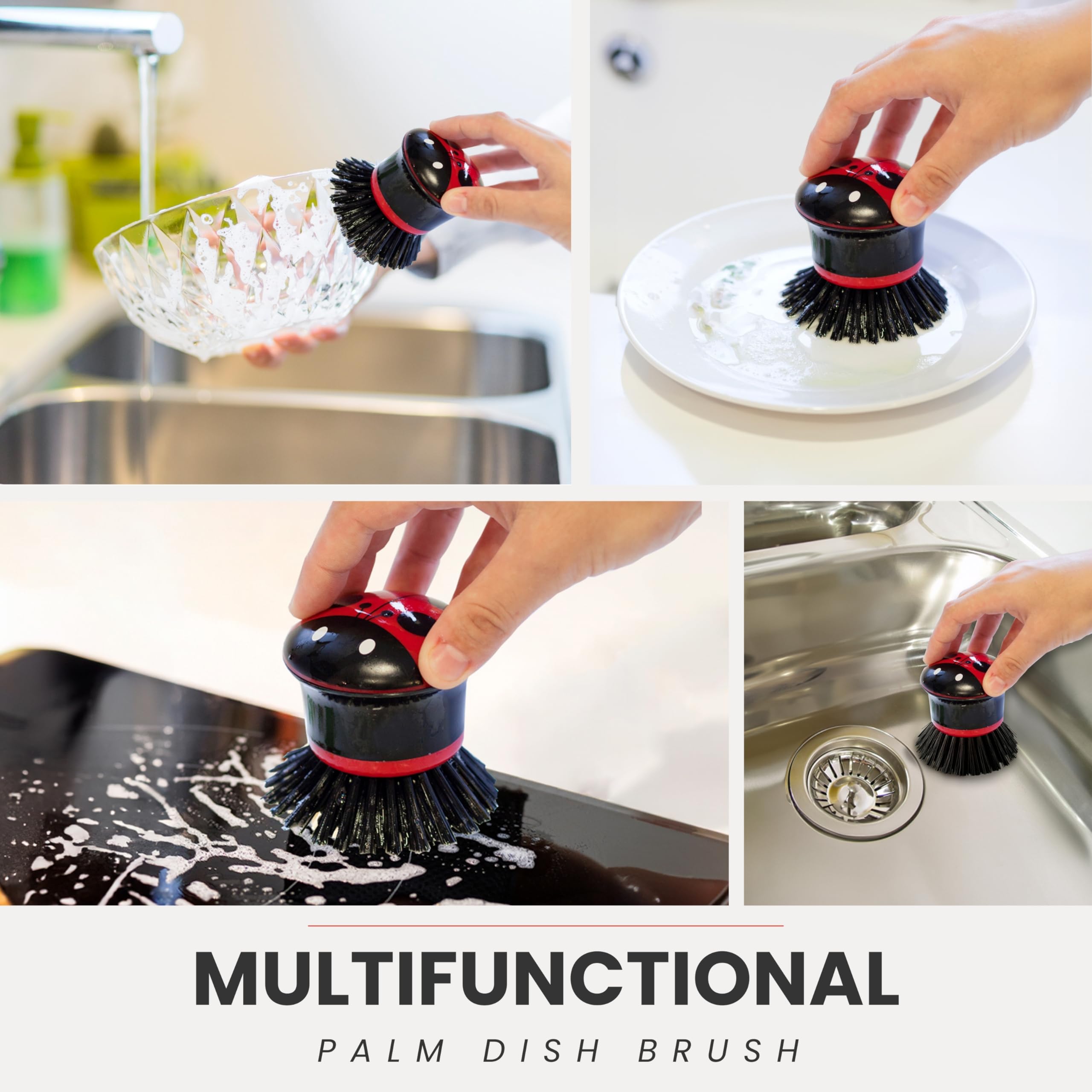 Closeup of Vigar Ladybug palm dish scrub brush bristles for tough grease.
