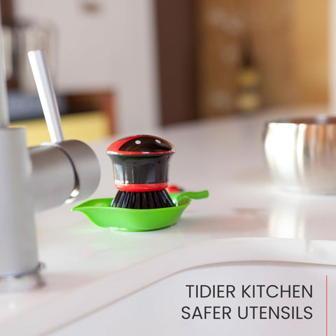 Ergonomic design of Vigar Ladybug palm dish scrub brush reduces wrist strain.
