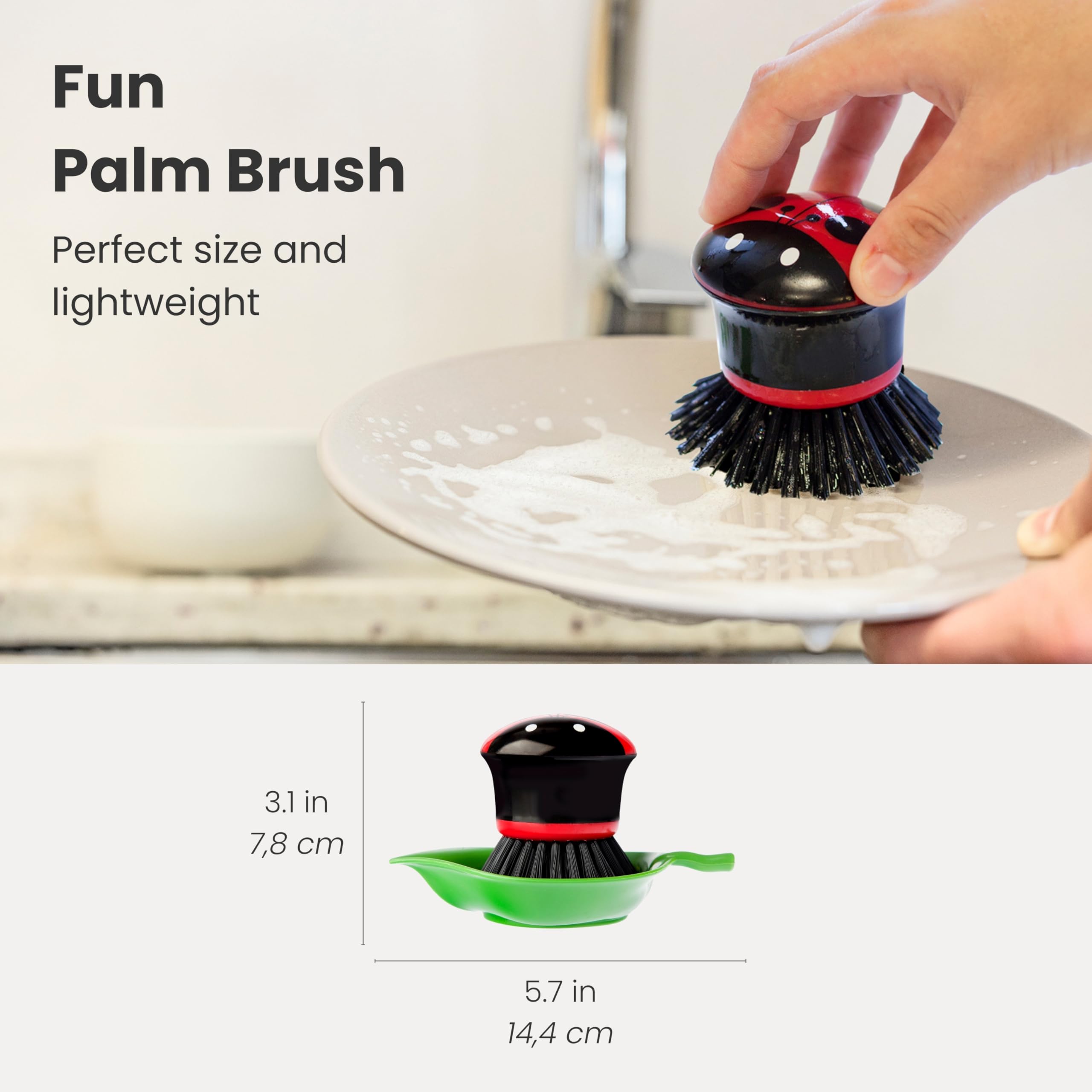 Vigar Ladybug palm dish scrub brush in green proves versatile for pots and pans.